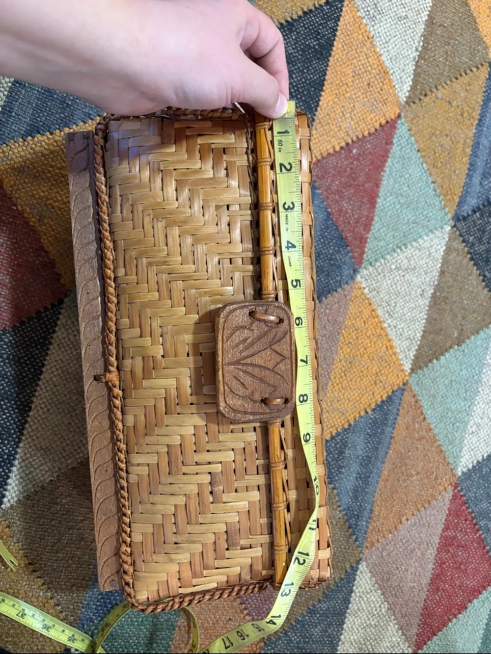 Woven Rattan Basket in Natural Tan With Wood Accents Boho Rustic
